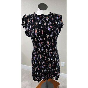 Black Floral Print Ruffle Hem Short Sleeve Ribbed Mini Dress Womens L